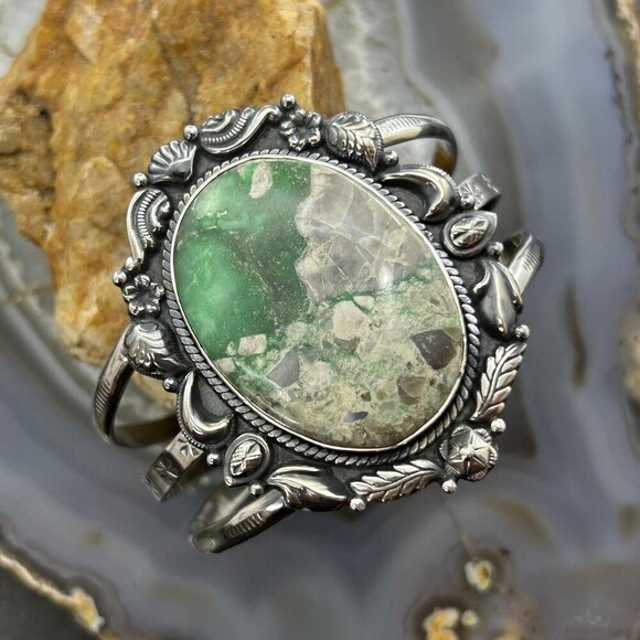 Sterling Silver Southwestern Style Large Oval Variscite Decorated Bracelet - Picture 1 of 10